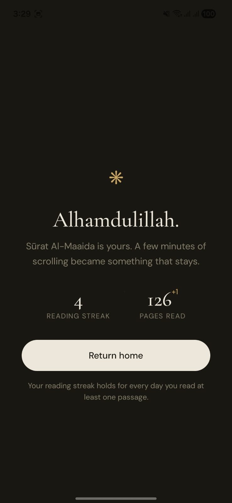 Nur reading completion screen