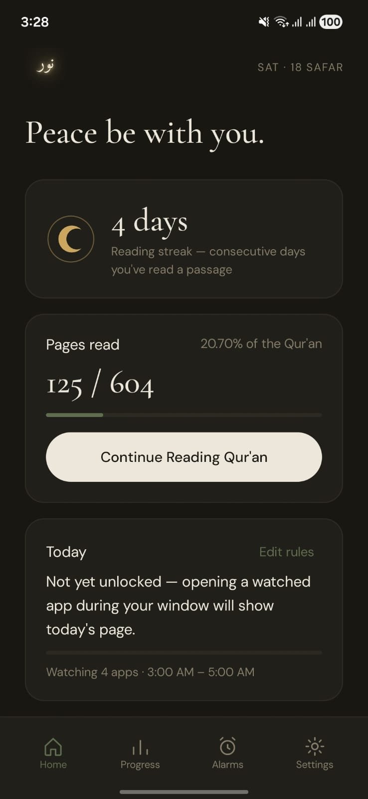 Nur home screen showing streak and daily budgets